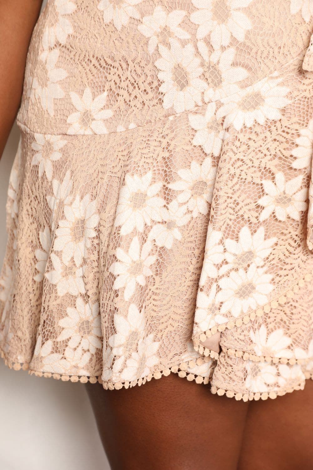 Charming floral lace tie-waist flutter sleeve dress with pompom accents