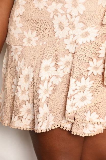 Charming floral lace tie-waist flutter sleeve dress with pompom accents