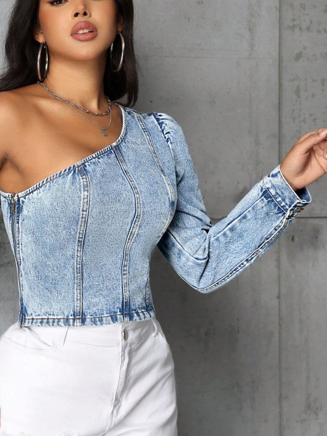 One Shoulder Long Sleeve Denim Top.