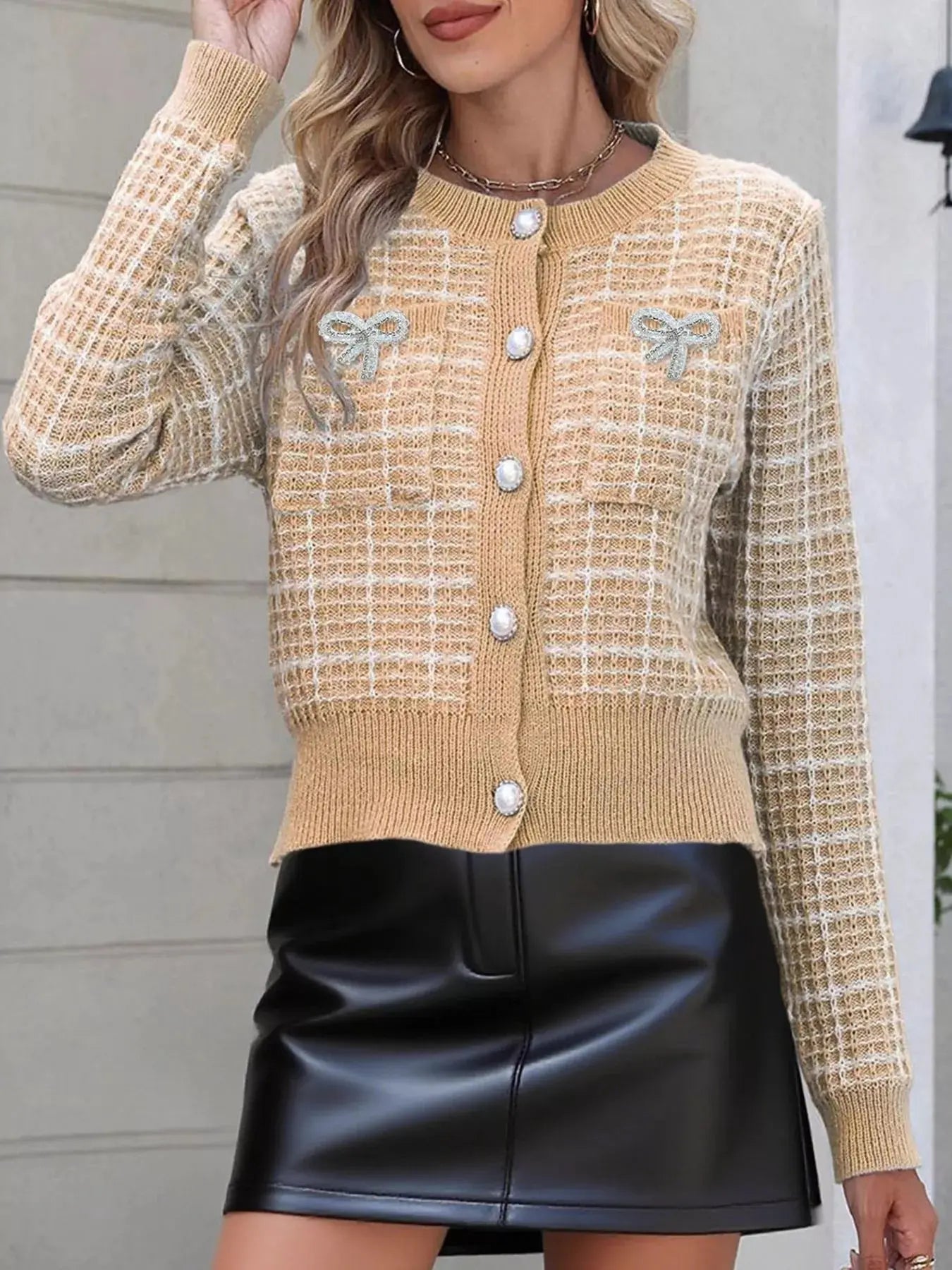 Bow Decor Button Up Cardigan For Women Tweed Knit With Pearl Buttons Simply Love