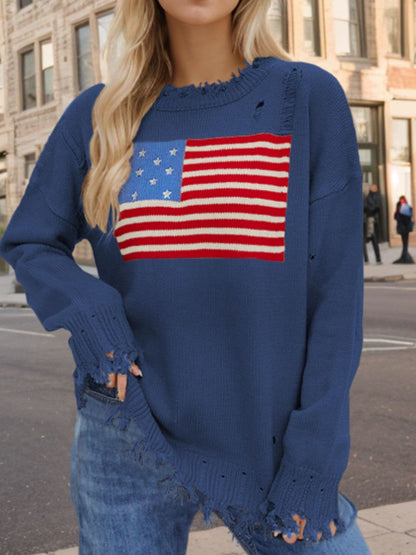 Distressed US Flag Sweater - Acrylic, Long Sleeve, Round Neck