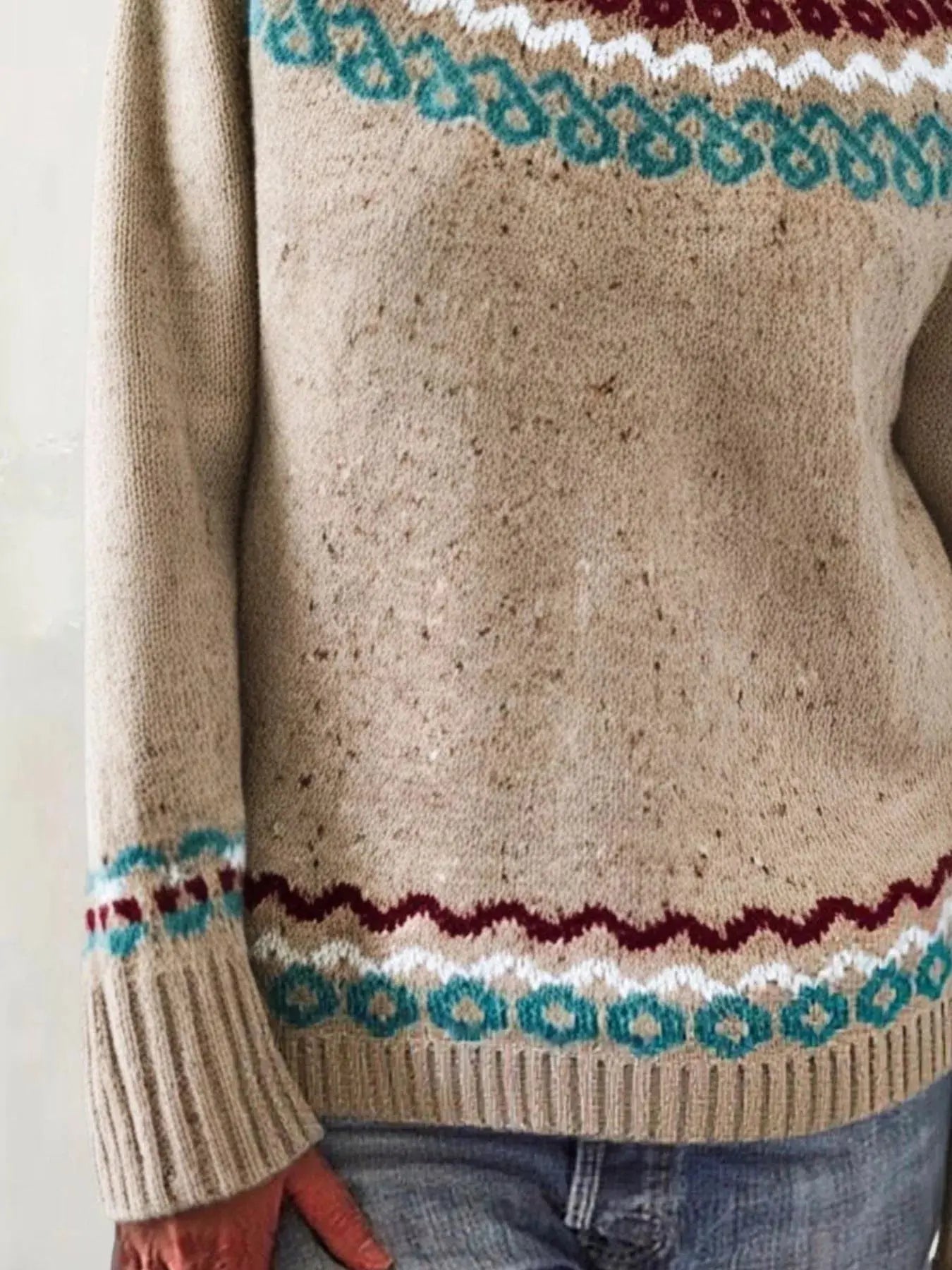 Full Size Vintage Patterned Round Neck Sweater Plus Size Simply Love