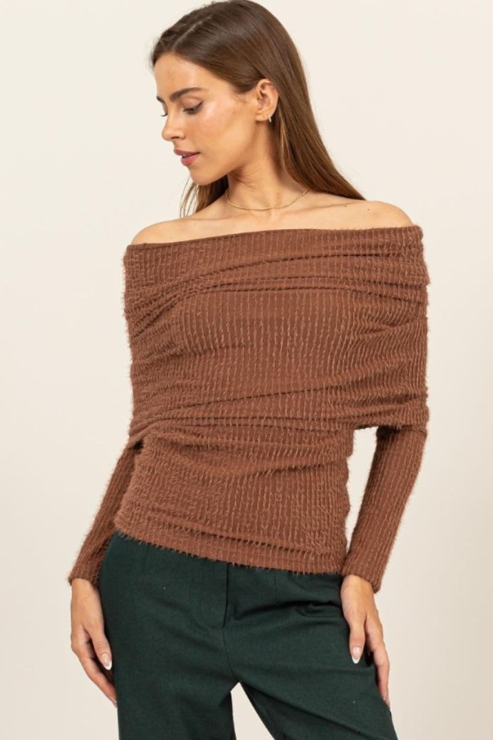 HYFVE Fuzzy Off Shoulder Textured Knit Top.