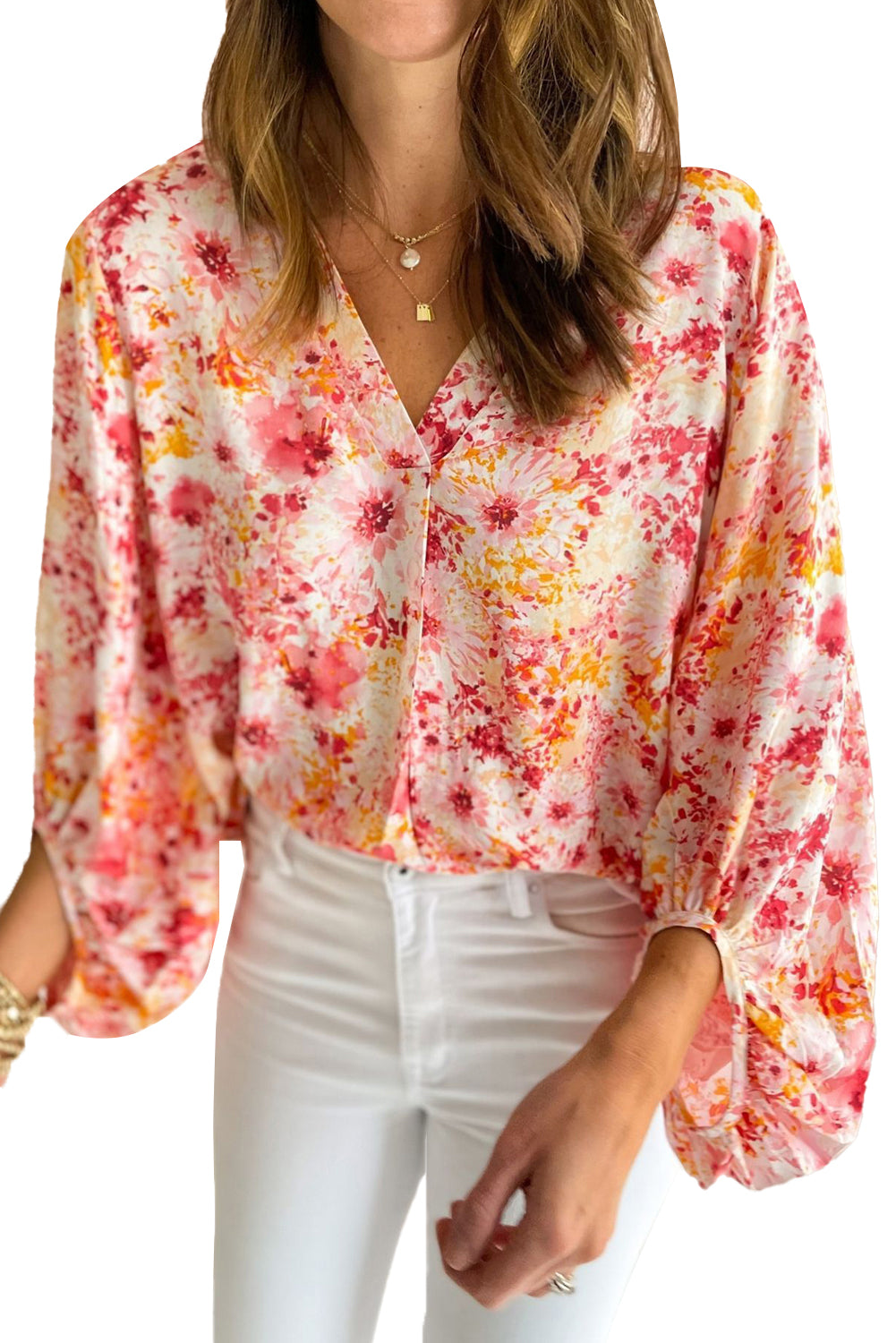 Charming pink floral v-neck blouse with bubble sleeves