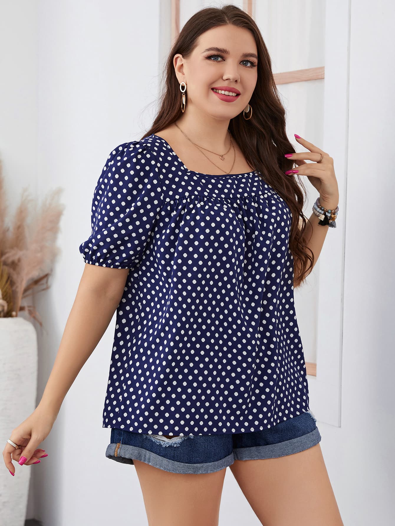 Plus Size Polka Dot Square Neck Blouse.