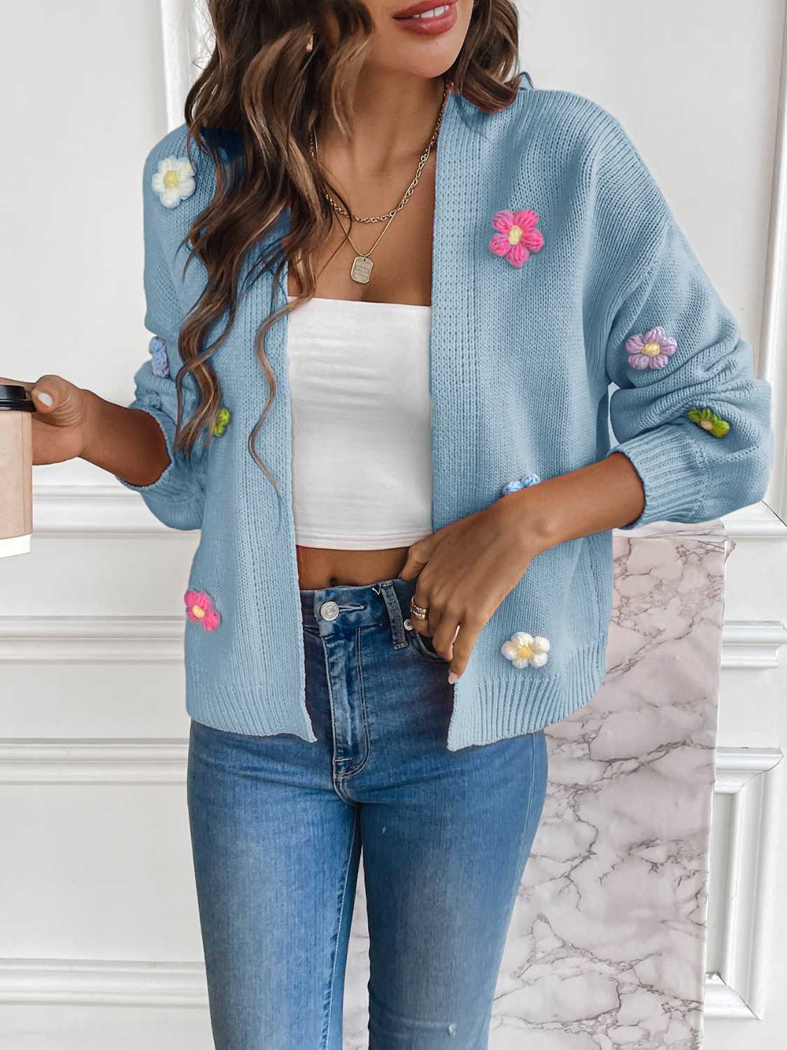 Floral Long Sleeve Open Front Cardigan.