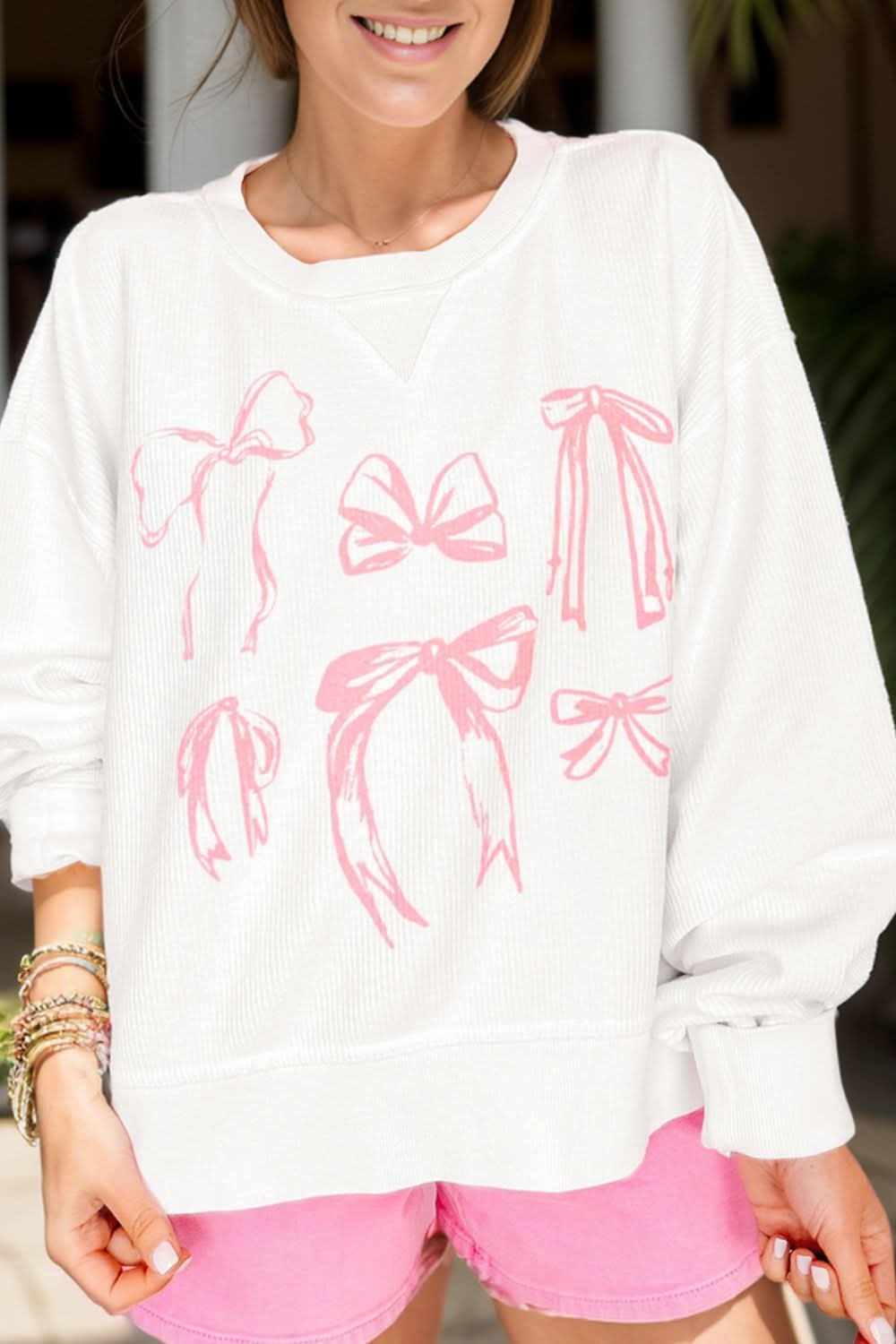 Bow Round Neck Long Sleeve Sweatshirt - Love Salve 