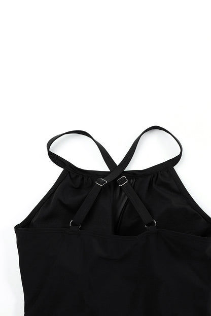 Stylish black splice tankini set with racerback design