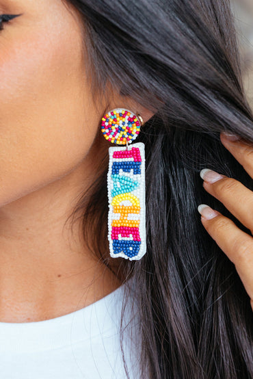 White TEACHER Rice Bead Dangle Earrings