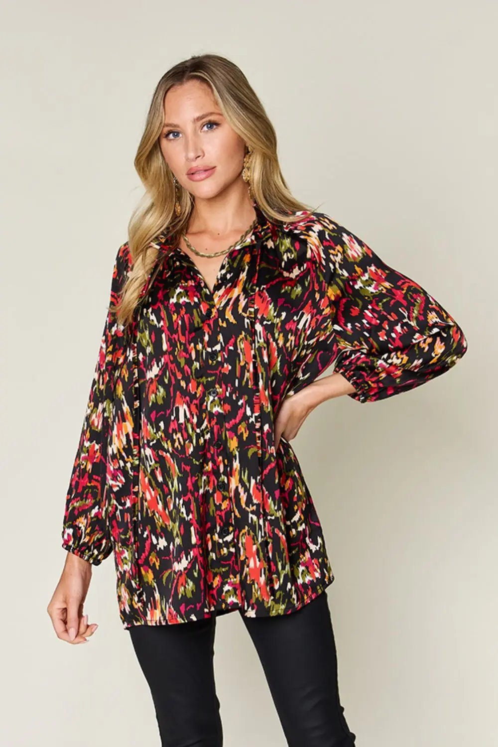 Double Take Full Size Printed Button Up Long Sleeve Shirt - Love Salve