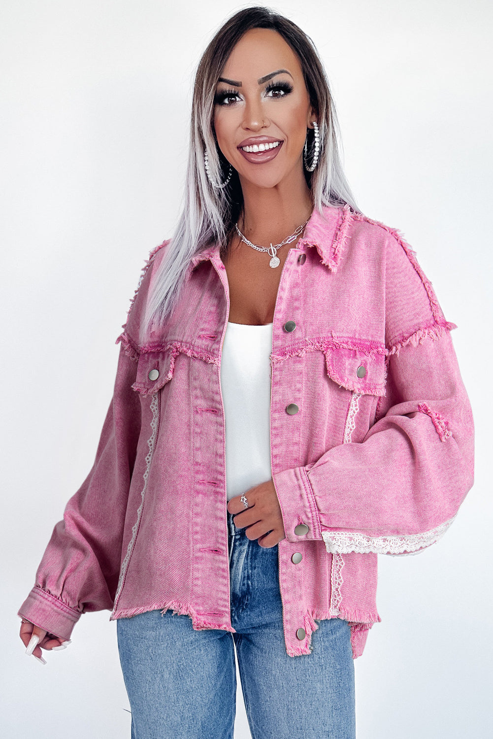 Chic pink lace and distressed denim jacket with button closure