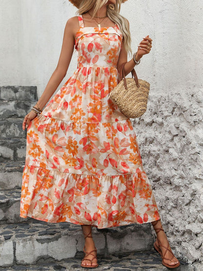 Crisscross Printed Square Neck Midi Dress.