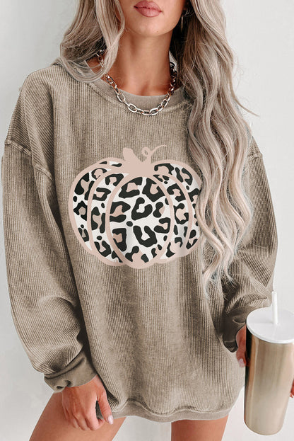 Chic khaki leopard pumpkin graphic sweatshirt for Halloween