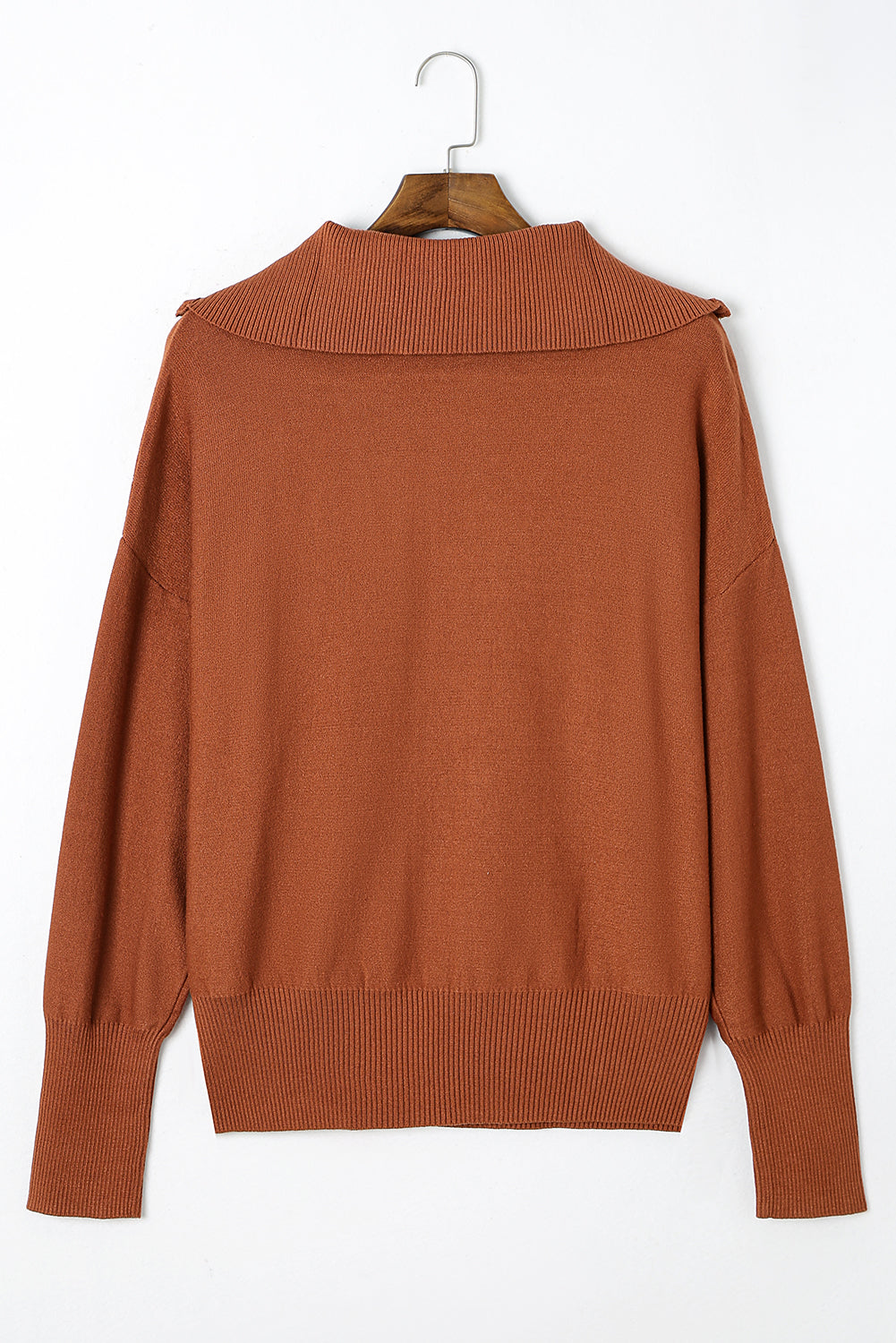 Chic brown zip collar sweater with ribbed trim for plus sizes