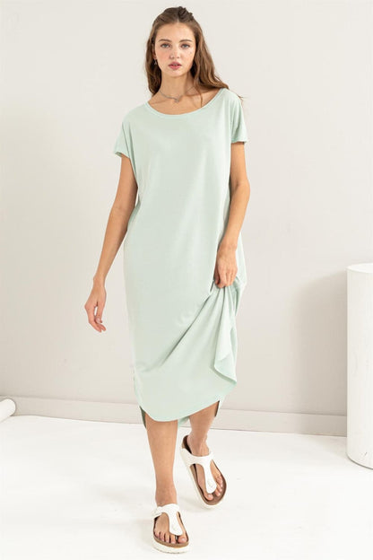 HYFVE Short Sleeve High-Low Slit Midi Dress.