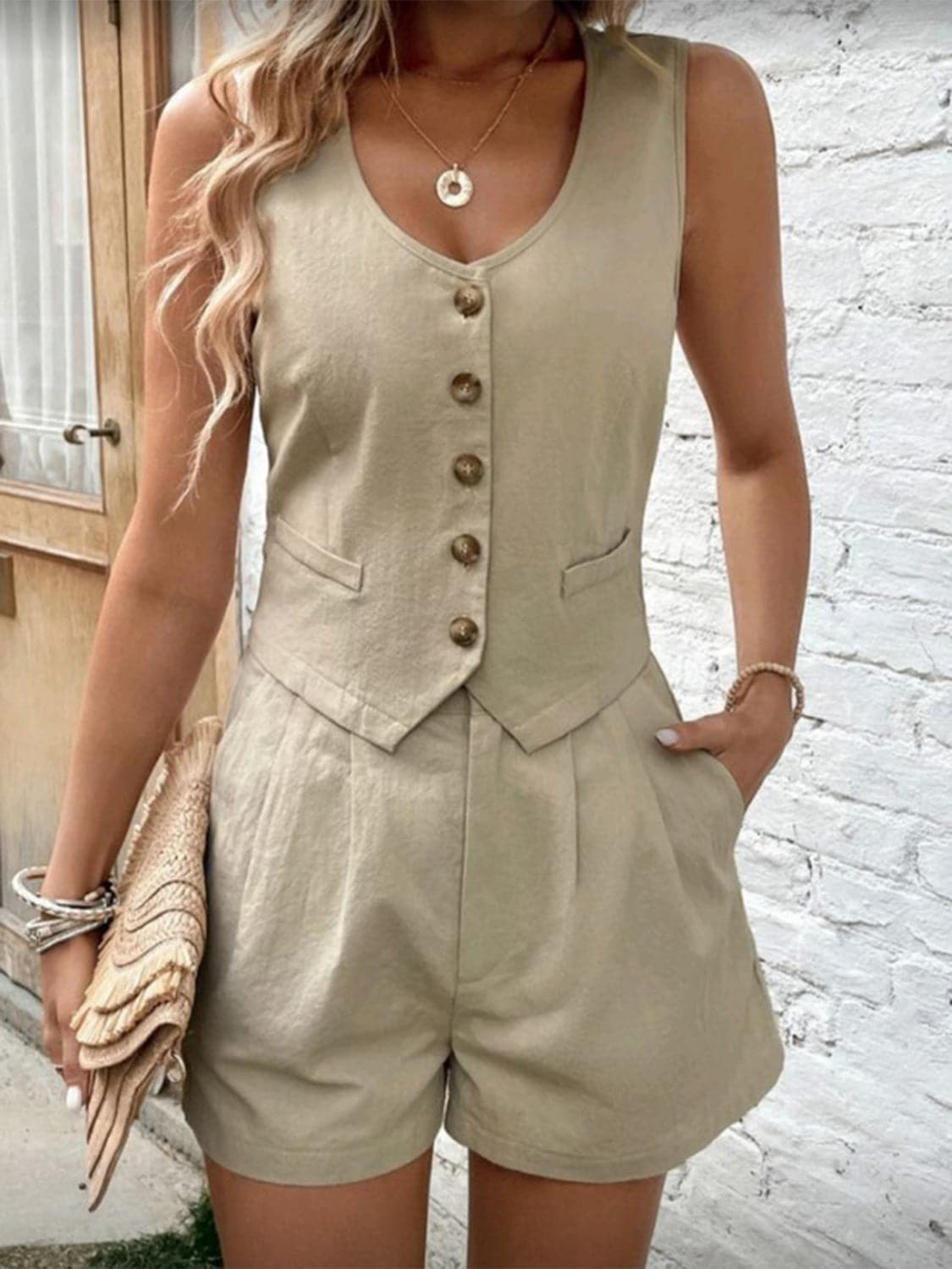 Scoop Neck Sleeveless Top and Shorts Set.