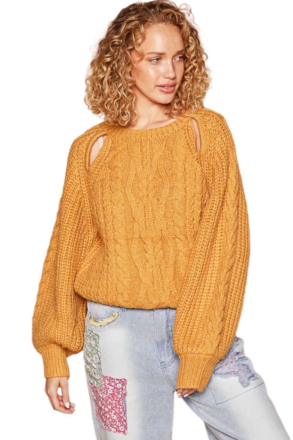 POL Cable Knit Cutout Long Sleeve Sweater.