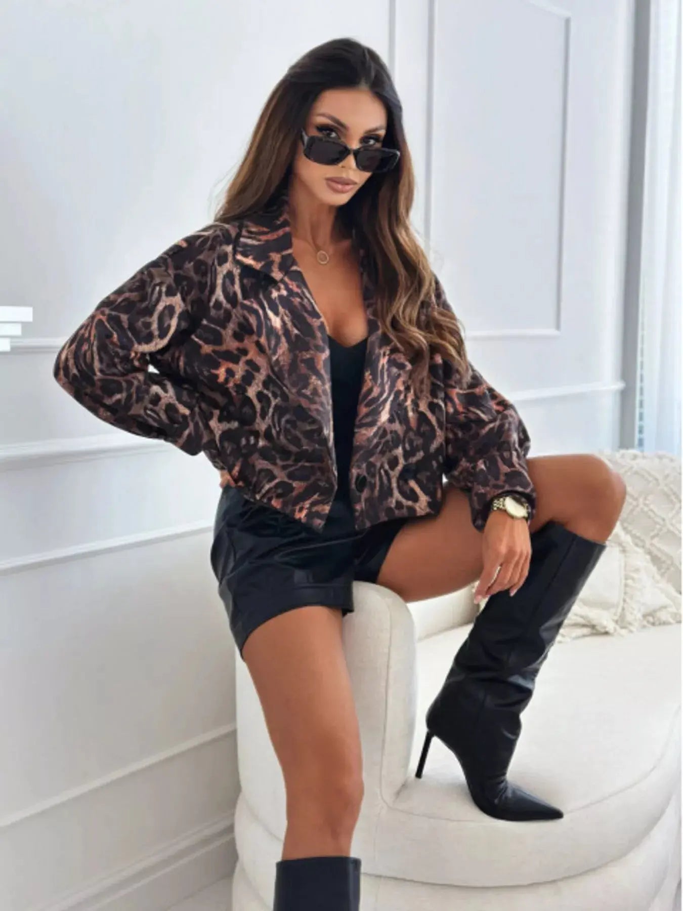 Leopard Print Cropped Blazer Simply Love
