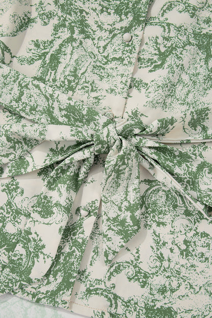 Nature-Inspired Green Print 3/4 Sleeve Sash Shirt