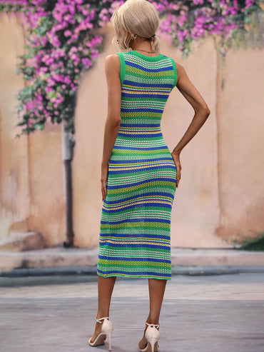 Striped Round Neck Sleeveless Midi Cover Up Dress.