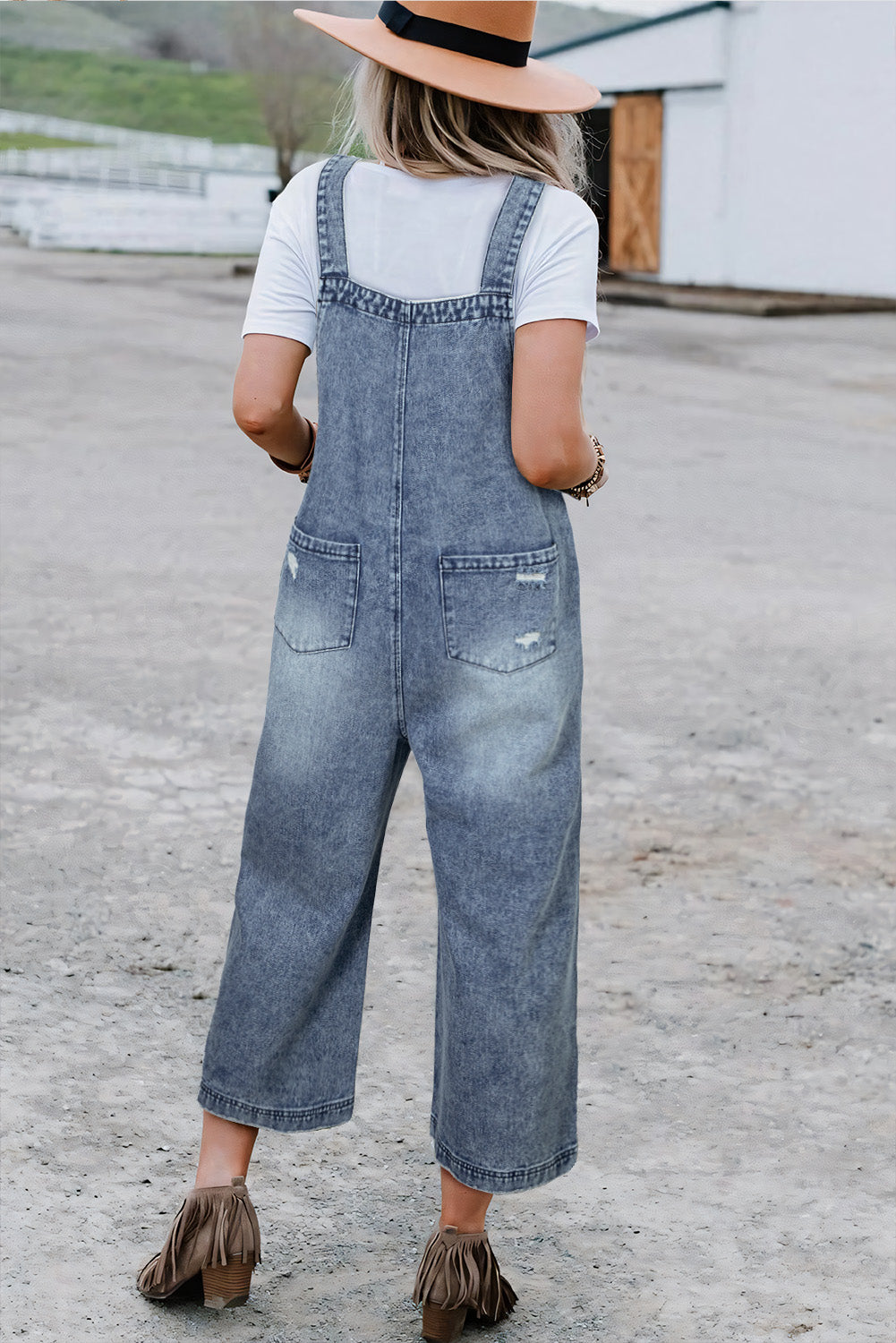 Stone Blue Distressed Bib Pocket Wide Leg Denim Overall