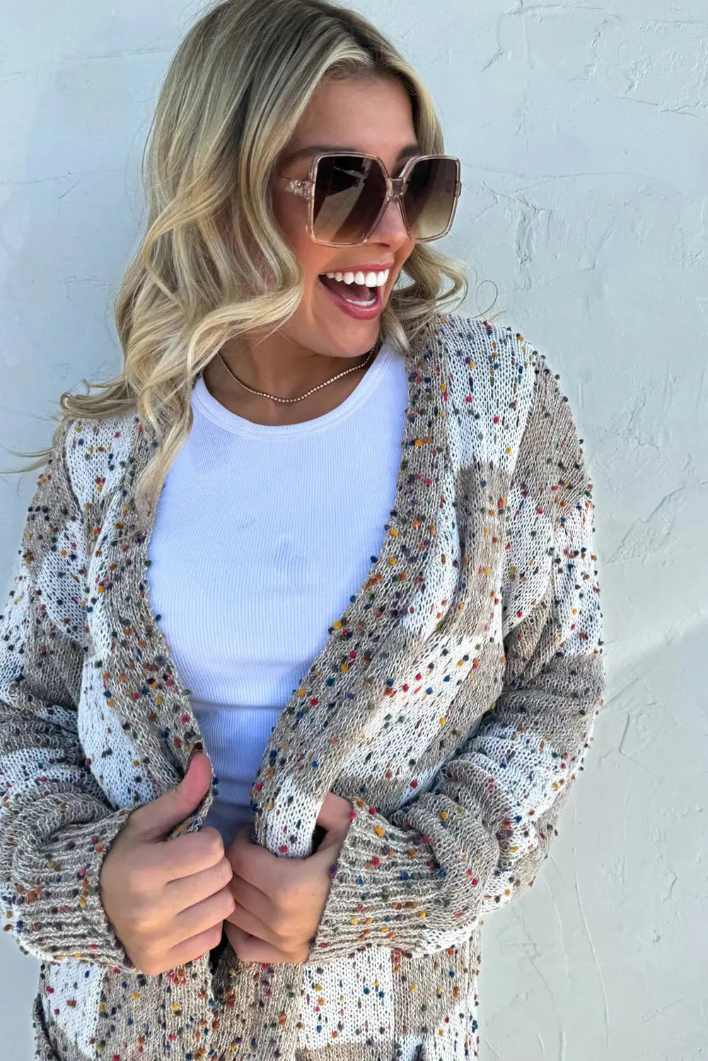 Brown Confetti Dot Checkered Print Open Cardigan with Pockets Dear-Lover Dropshipping
