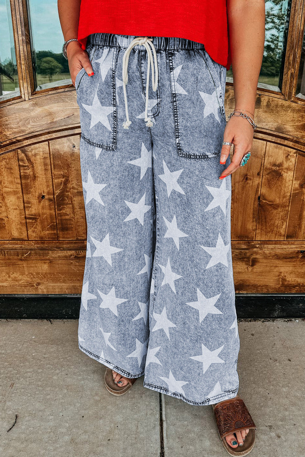 Light blue starry wide-leg jeans with drawstring waist