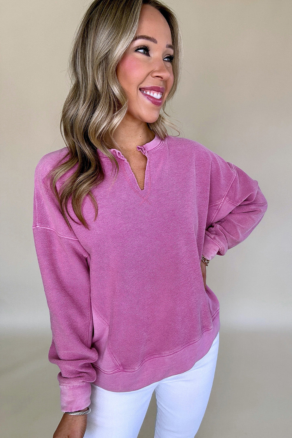 Bright Pink Solid Color Notched Neck Drop Shoulder Sweatshirt