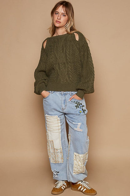 POL Cable Knit Cutout Long Sleeve Sweater.