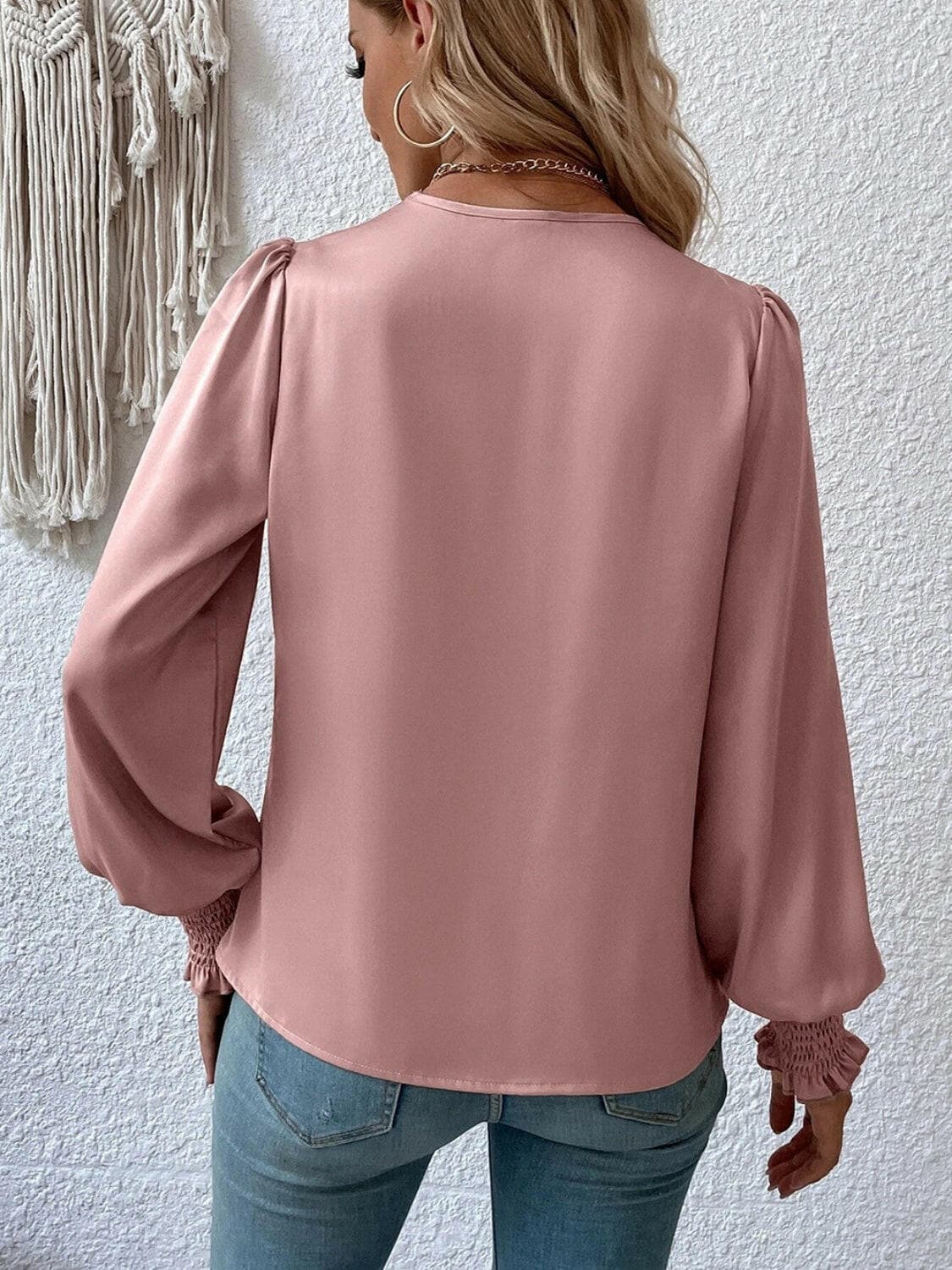 Surplice Smocked Lantern Sleeve Blouse.