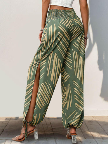 Smocked Slit Printed High Waist Pants.