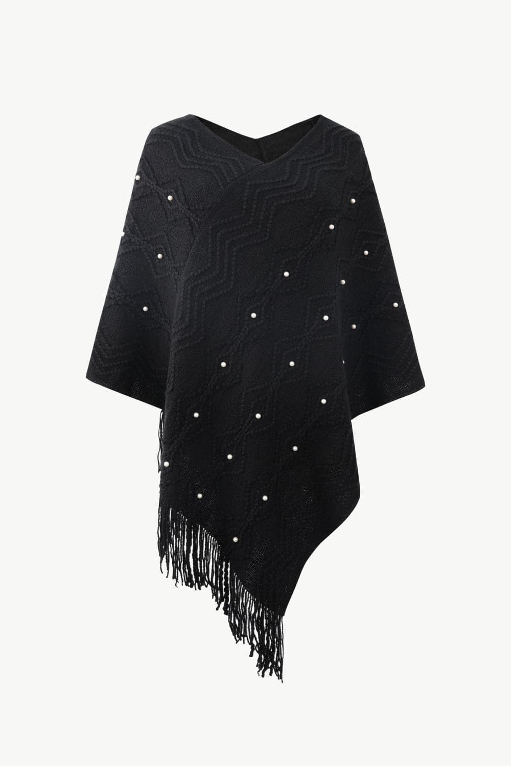 Pearl Trim V-Neck Fringe Hem Poncho.