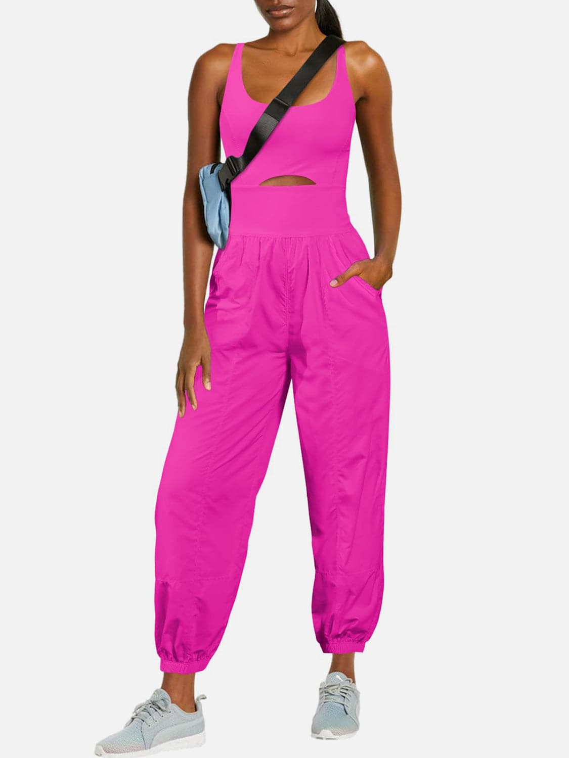 Chic cutout scoop neck jumpsuit with wide straps and pockets