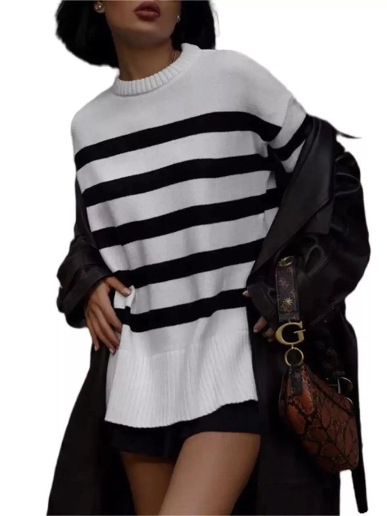 Oversized Striped Knit Sweater With Side Slits Ribbed Simply Love