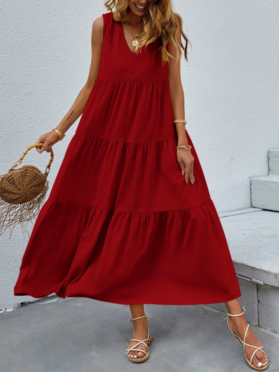 Tiered V-Neck Sleeve Dress.