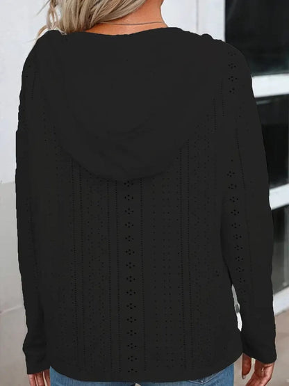 Eyelet sheer long sleeve hoodie with drawstring detail