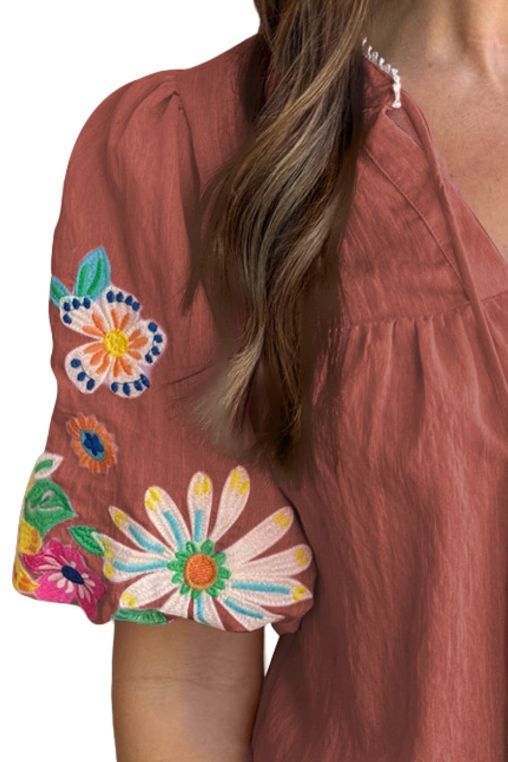 Embroidered Tie Neck Half Sleeve Blouse.