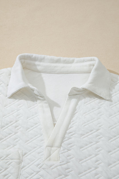 Premium White Textured Pocketed Collared V Neck Pullover Sweatshirt