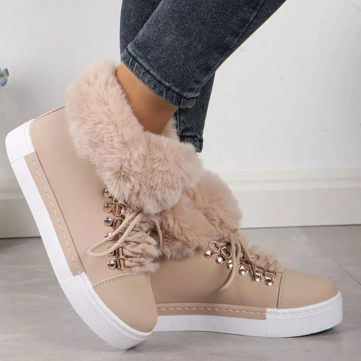 Fuzzy Trim Lace-Up Ankle Boots Simply Love