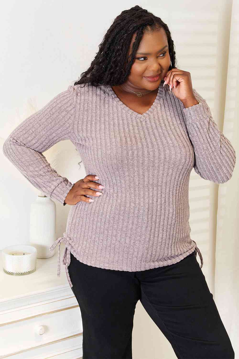 Double Take Drawstring Ribbed Long Sleeve T-Shirt - Love Salve