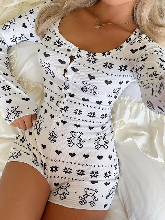 Printed Long Sleeve Romper Simply Love