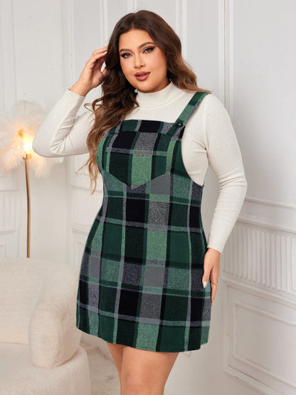 Plus Size Plaid Wide Strap Overall Dress.