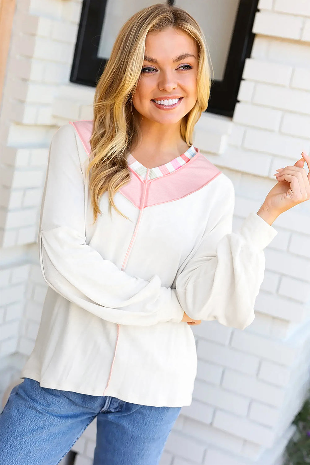 White Exposed Seam Rainbow Stripe Color Block V Neck Loose Long Sleeve Top Women Dear-Lover Dropshipping