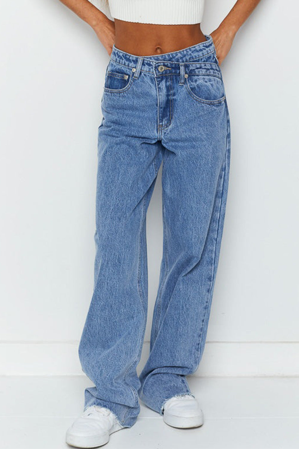 Blue Mid Rise Asymmetrical Waist Wide Leg Jeans for Women