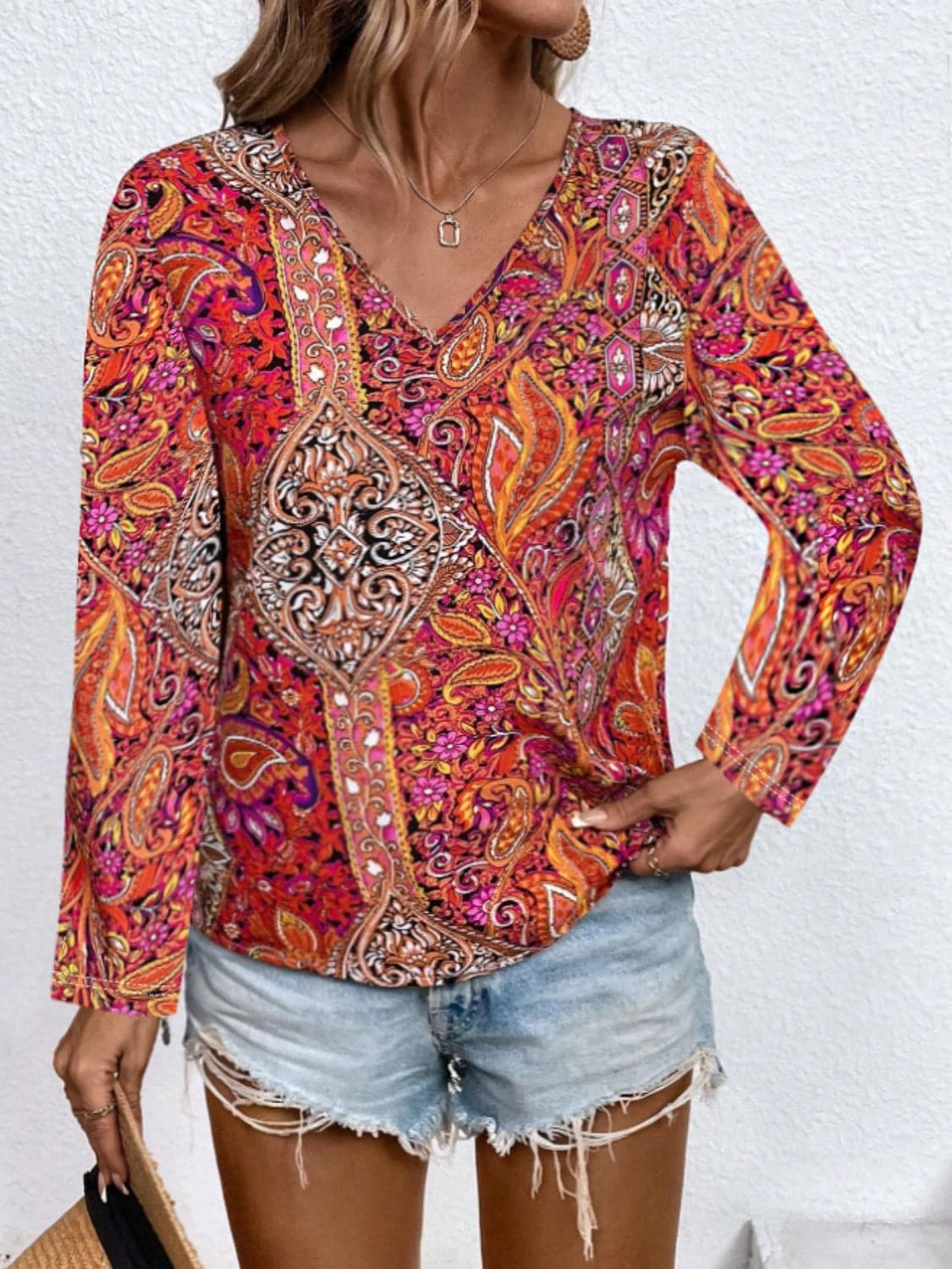 Printed V-Neck Long Sleeve Blouse.