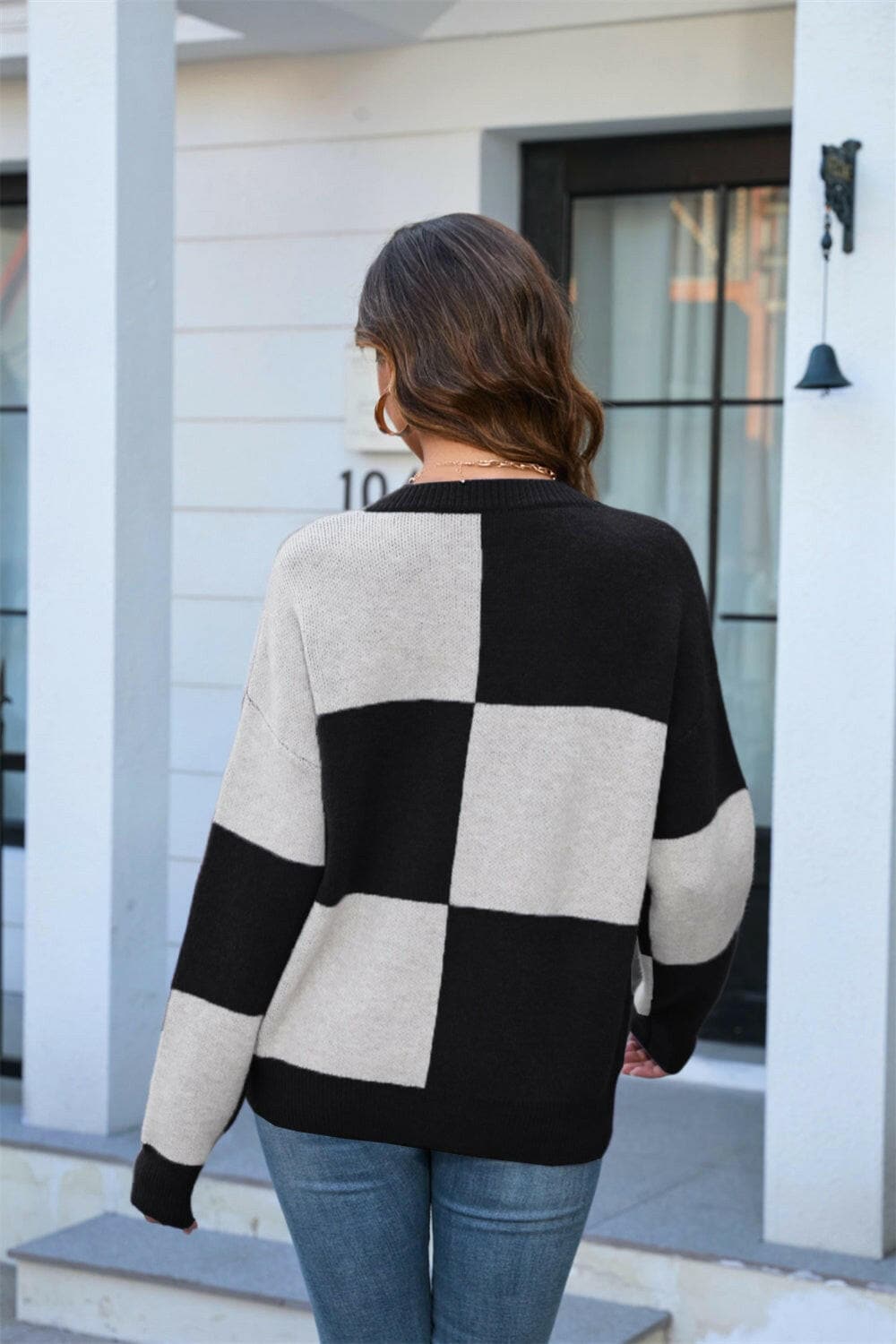 Color Block Round Neck Dropped Shoulder Sweater.