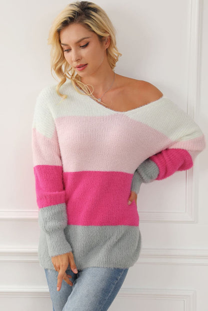 Color Block V-Neck Dropped Shoulder Sweater.