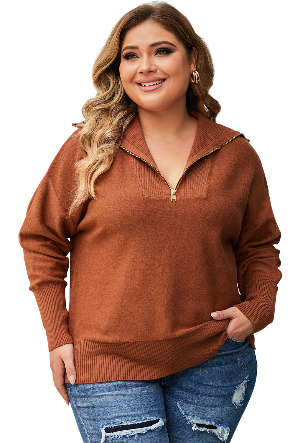 Chic brown zip collar sweater with ribbed trim for plus sizes