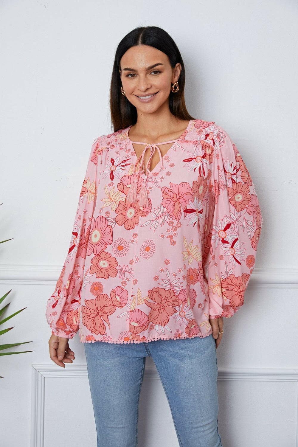 Floral Smocked Tassel Tie Balloon Sleeve Blouse.