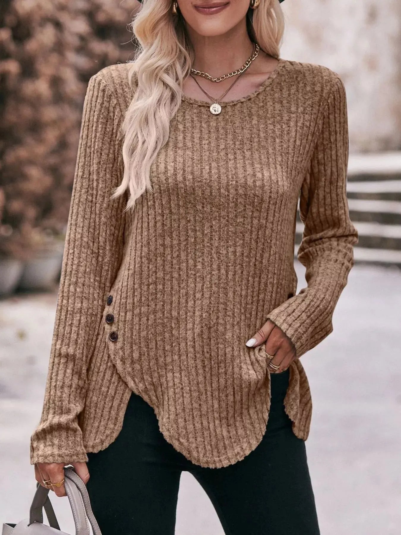 Ribbed Knit Long Sleeve T-Shirt Simply Love